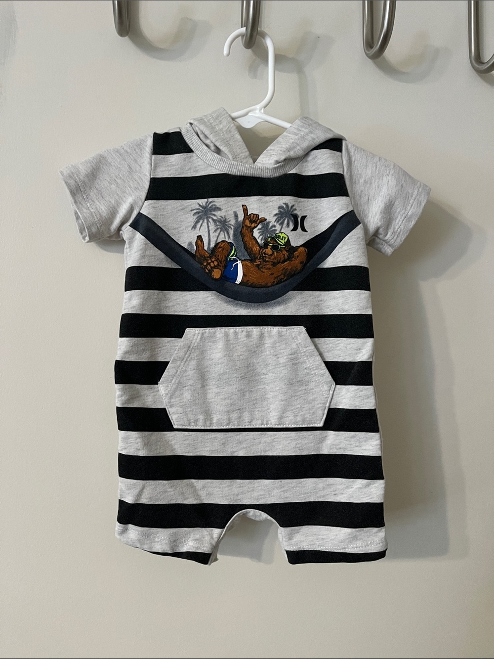 Hurley Striped Gray & Black Hooded Baby One-Piece with Bear Hammock Graphic